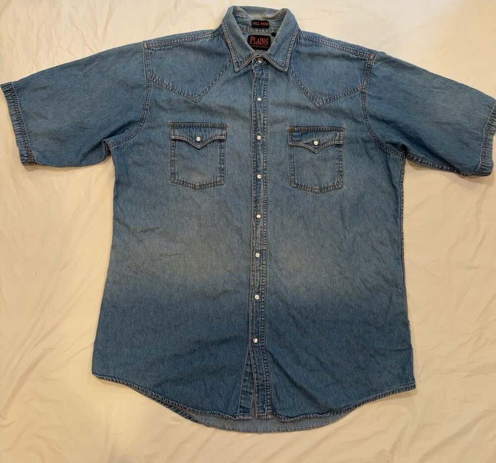 Plains Western Wear Shirt Men's Large Tall Blue Denim Pearl Snap Short Sleeve